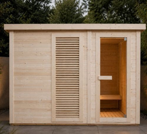 Sauna Finlandese da Esterno Bivita Vaasa F30310 290x210 cm per 4 Persone con Spogliatoio e Forno 8 kW