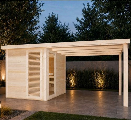 Sauna Finlandese da Esterno Bivita Rauma F30460 450x210 cm per 4 Persone con Forno 8 kW
