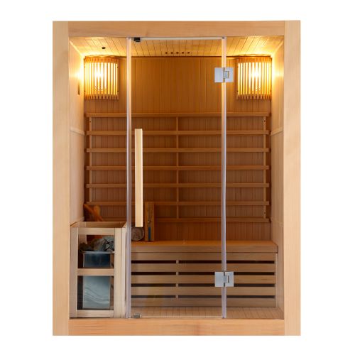 Sauna Finlandese Bivita RIGA J60120 3 Posti 150x120x190 cm in Hemlock con Vetro di Sicurezza